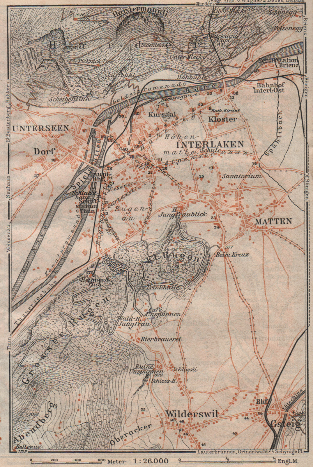 INTERLAKEN ENVIRONS. Unterseen Matten Aarmuhle Wilderswyl. Schweiz 1911 map